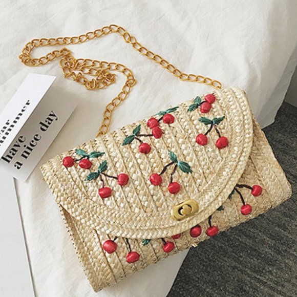 Cherry Straw Cross Body Purse with Chain - Picture 7 of 7